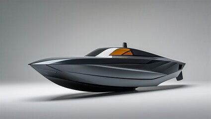 Photorealistic image of a precision-engineered futuristic concept boat on a white background
