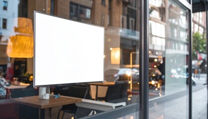 Blank white banner hanging on the glass window of a building in a sunny urban environment.
