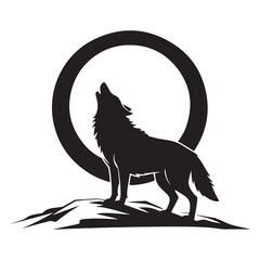 A wolf howling at the moon with a moon in the Vector Black silhouette. with white background