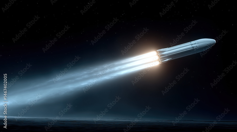 Poster close-up view of spaceship thrusters igniting in dark space with faint stars visible