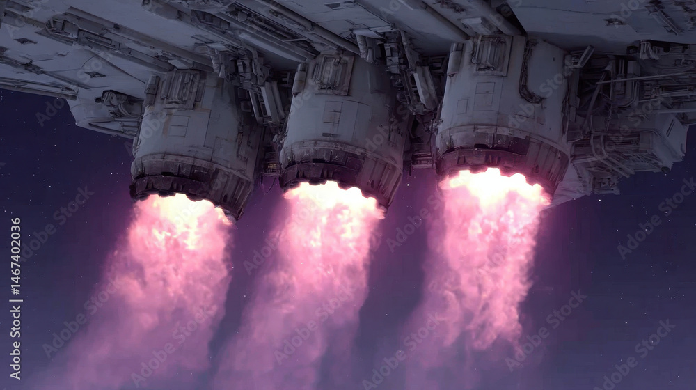 Poster Close-up of spaceship thrusters firing in dark space with faint stars illuminated in the background