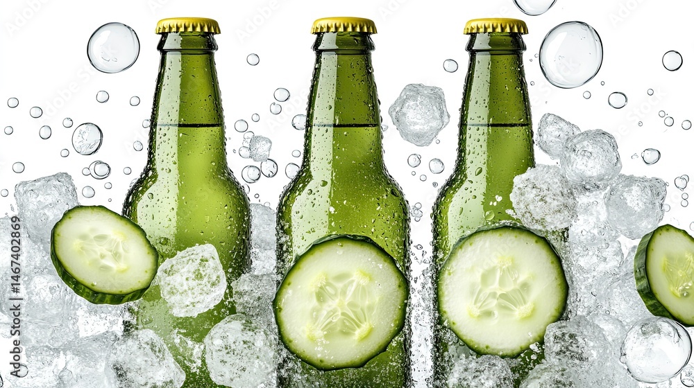 Poster three bottles of beer in ice cubes are isolated on a transparent background, making them perfect for
