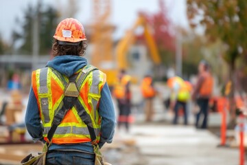 Observe Construction Site, Safety Gear, Hard Hats, High-Visibility Vests, Site Preparation, and Teamwork Focused.