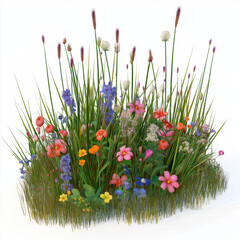 3D Illustration of Colorful Wild Grass and Vibrant Flowers &ndash; Isolated Meadow on White Background