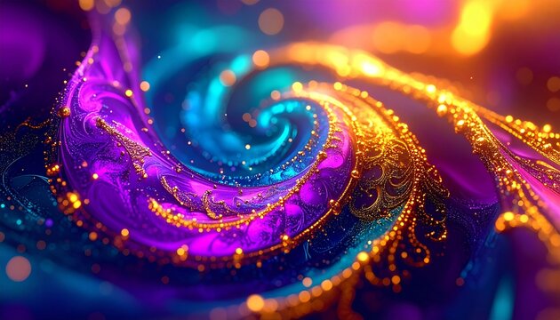 Fantasy Vibrant Purple, Magenta, Teal, Gold Glitters Abstract Swirling Background &mdash; One Thousand and One Nights Arabian Nights Aladdin-Inspired Digital Illustration, Eastern Vibes and Golden Sparkles