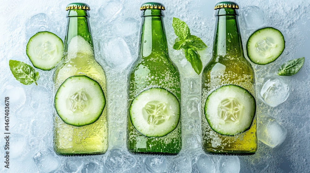 Poster ideal for images of cool beverages, three bottles of beer in ice cubes are isolated on a clear backg