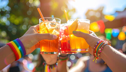 Group of friends toasting with cocktails at a summer party on a sunny day
