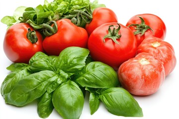 Freshly Harvested Tomatoes, Basil, and Greens Displaying Vibrant Colors and Natural Goodness.