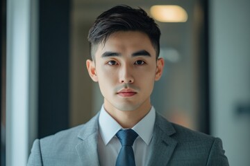 Asian young adult practicing for a job interview in front of a mirror