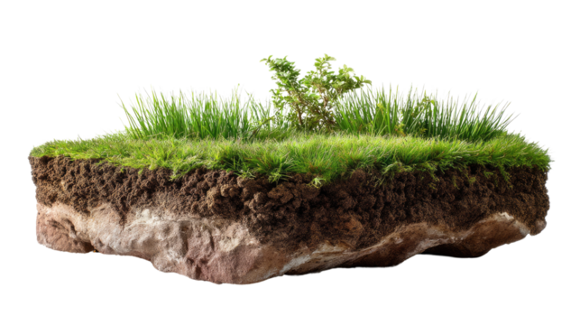Isolated Earth: A small patch of green grass and soil is isolated on a white background, representing a new beginning or a fragile ecosystem.