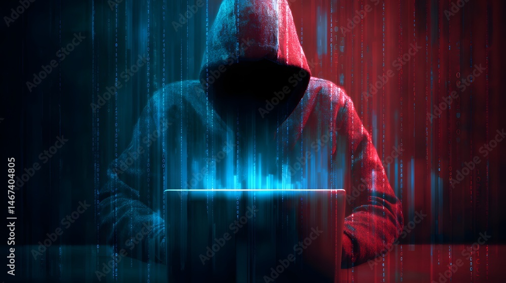 Poster digital age deception illustrating a phishing scam concept a hooded figure a symbol of digital warni