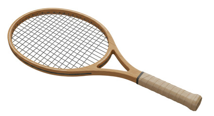Isolated Wooden Tennis Racket with Grip and Net Strands