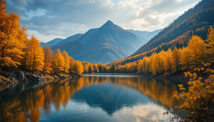 Obraz premium Autumn Mountain Lake with Yellow Leaves and Vibrant Colors in a Serene Outdoor Landscape