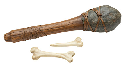 Isolated Prehistoric Stone Club with Bones on White