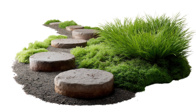 Stone Path Amidst Greenery: A serene stone path meanders through a flourishing garden, bordered by lush greenery, offering a tranquil journey of natural beauty and peaceful tranquility.