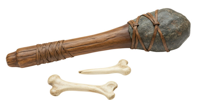 Isolated Prehistoric Stone Club with Bones on White