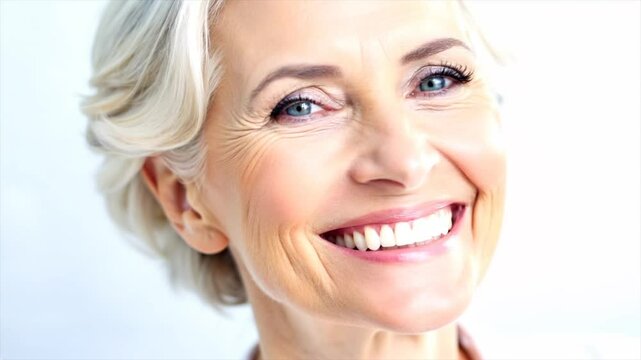 Radiant Senior Beauty: Elegant Grandmother with Perfect Dental Implants and Bright White Smile