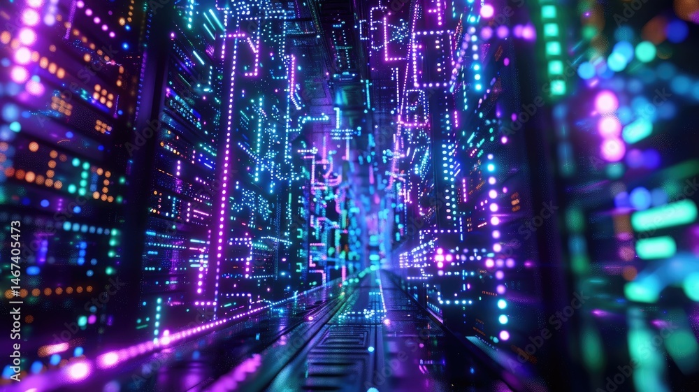 Poster abstract data flow with neon light effect in server. technology in modern globalization age hosting 