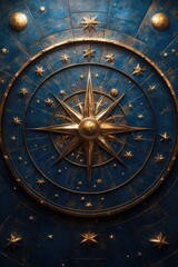 Fototapeta premium Ornate gold star compass on blue celestial-themed background