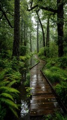 Fototapeta premium Exploring a serene nature pathway through the lush forest in rainy conditions landscape photography tranquil environment