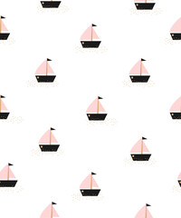 Cute Hand Drawn Print With Small Sailboats On The Sea. Childish Drawing-like Seamless Vector Pattern With Regatta Boats On a Wavy Water. Marine Wallpaper. Pink-black Boats On a White Background. 