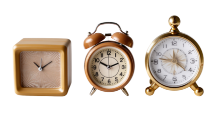 Classic Timepieces Trio: A captivating still life featuring three elegant vintage clocks, each embodying a unique aesthetic and a distinct symbol of time. The image tells a silent story of moments.