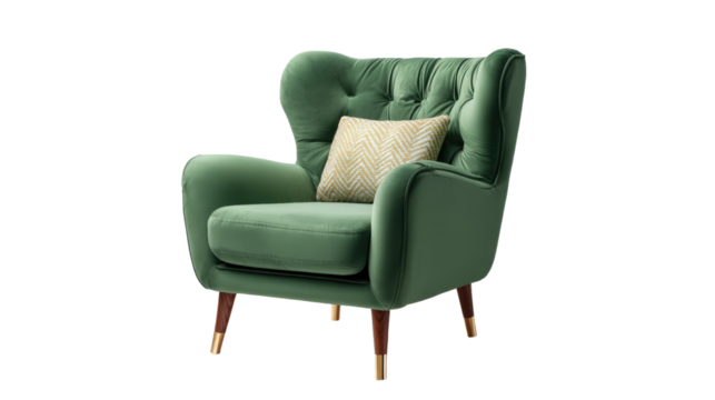 Elegant Green Velvet Armchair: A luxurious green velvet armchair with a tufted back, plush cushions, and wooden legs, creating a sophisticated and inviting focal point for any stylish living space.