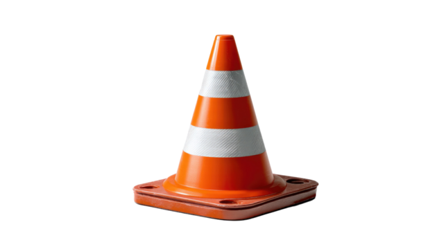 Traffic Cone: A vivid orange traffic cone with white reflective stripes stands tall against a clean backdrop, signaling caution and safety.