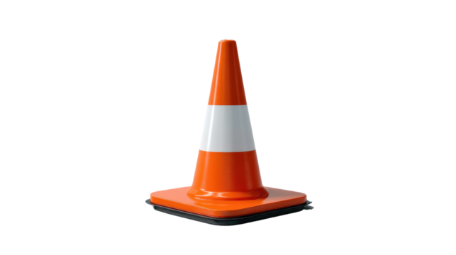 Safety Cone Icon: A solitary, orange and white striped safety cone stands on a square black base, conveying a message of caution and construction.
