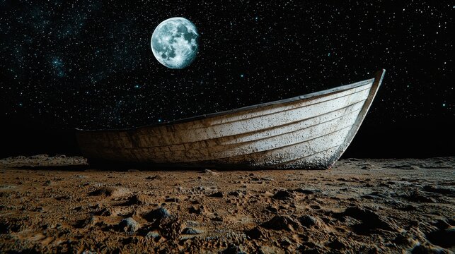 Solitary boat under moonlight creating an ethereal landscape