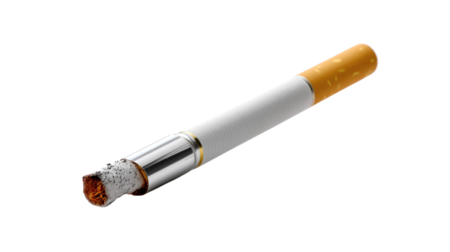 Smoldering cigarette: a close-up shot of a single, lit cigarette, emitting a wisp of smoke, isolated against a background.