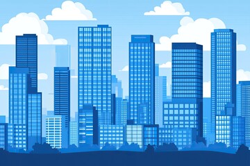 Modern Cityscape Illustration Towering Skyscrapers Reaching Towards a Bright, Cloudy Blue Sky.