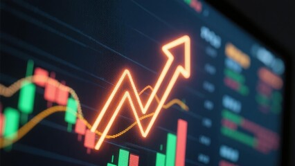 Glowing upward arrow graph on digital screen with financial charts, symbolizing stock market growth, corporate success and positive economic trends.