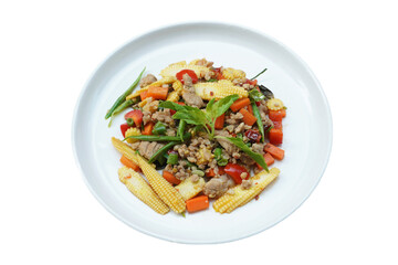 Thai food, Pad Krapow Pork, white plate, white background, popular food