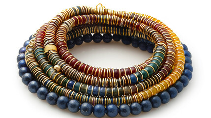 A broad collar necklace with alternating rows of colored beads and gold spacers, representing status and wealth, isolated on white.