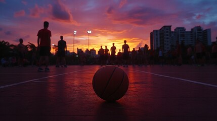 Silhouette of basketball players at sunset