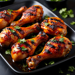 Glossy Glazed Chicken Drumsticks with Spicy Sauce and Cilantro Garnish: A Savory, Flavorful Dish