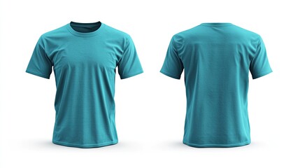 The front and back of a classic turquoise men's T-shirt are isolated on a white background to illustrate the design.