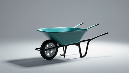 Photorealistic image of a modern wheelbarrow on a wooden table