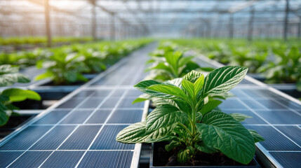 Solar panel roof supports thriving plants in a modern greenhouse with vibrant colors