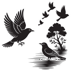 Obraz premium Dynamic Bird Vector Set with Flying, Perching, and Standing Poses in Bold Styles A stunning collection of birds in energetic poses, ideal for creating impactful wildlife and nature designs .Thank You.