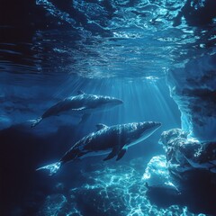 Fototapeta premium Humpback Whale Swimming Gracefully Underwater in Sunlight Beam