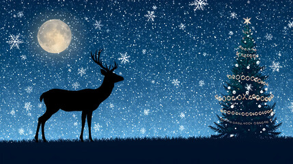 Silhouette Deer And Christmas Tree Under Snowy Night Sky