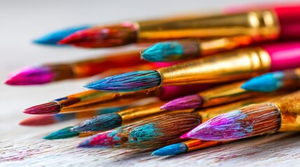 Obraz premium Close Up Colorful Paintbrushes on White Wooden Surface