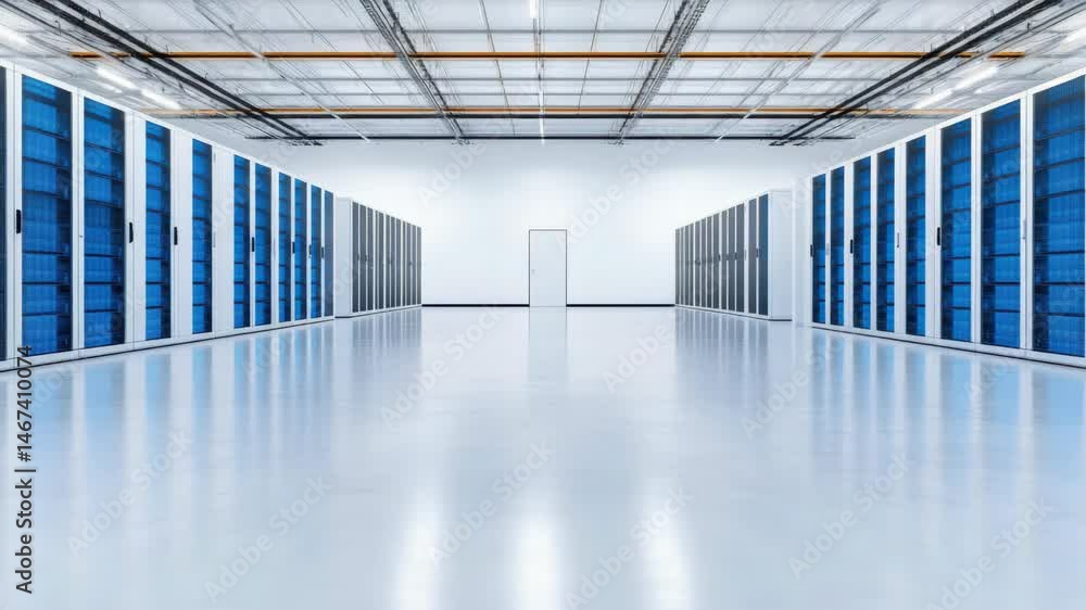 Poster modern data center technology clean storage solutions with rows of servers