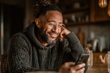 Smiling African American man in glasses reading messages on a mobile phone indoors at a table with wooden surface