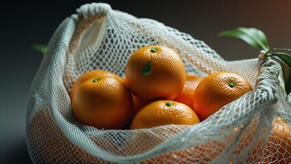 Photorealistic image of a mesh produce bag with peppers