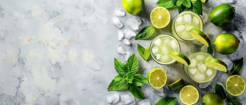 Margarita cocktails with limes and mint on a textured vibrant color background with ice. Top down view of sliced lemon and green leaves with cocktail. Flat lay composition with copy space. AIG55.