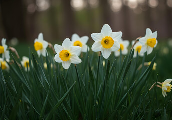 blooming white daffodils with yellow centers in lush green garden setting with soft focus background during golden hour springtime photography

