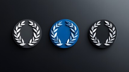 3D render of a silver laurel wreath icon on a blue circular background against a dark backdrop.